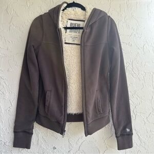 RUEHL 925 Hoodie Jacket Women Small Y2K Vintage Faux Fur Lined Brown Full Zip Up